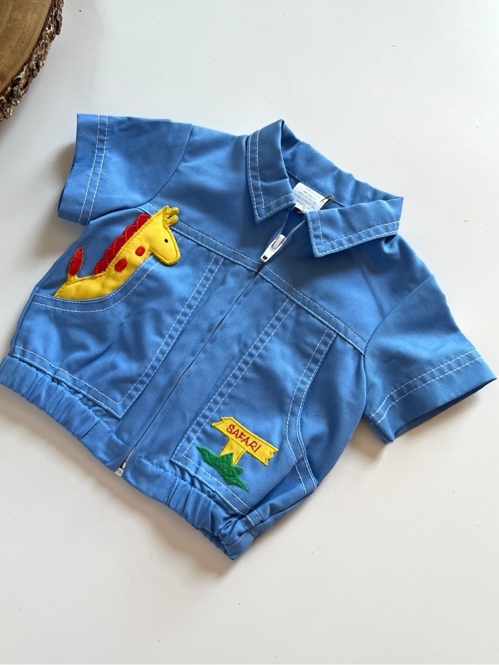 Vintage Blue Safari Giraffe Zip Up Short Sleeve Jacket | 12-18m